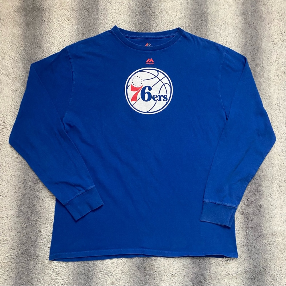 NBA Philadelphia 76ers Majestic Long Sleeve Shirt Mens Large Blue White Red Logo